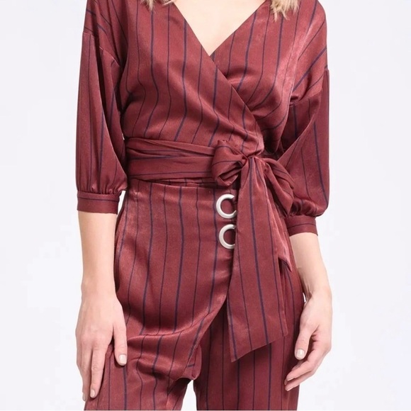 J.O.A. Striped Surplice S Wrap Top & Pants Wine Color NWT - Picture 1 of 16